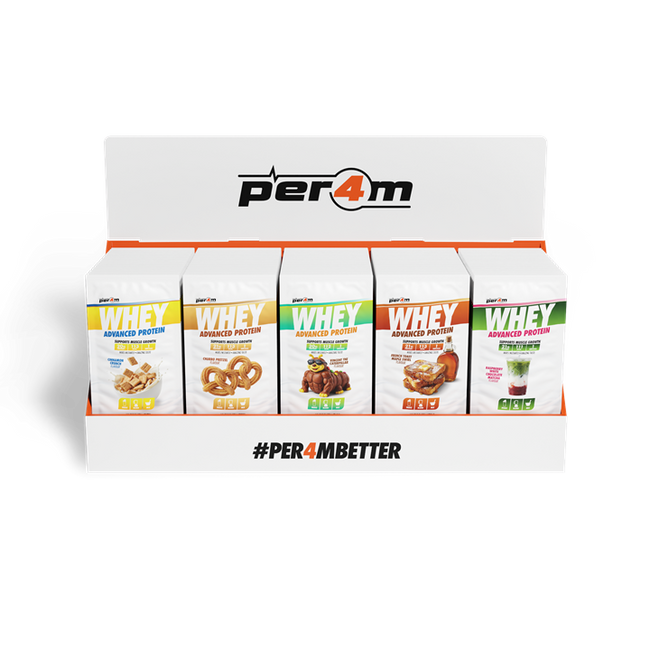 Per4m Advanced Whey Pre-Filled Sachets Counter Top Display Unit (100 Sachets) Variety Pack